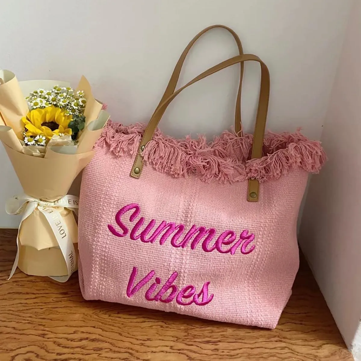 Women's Pink Tote Bag, Large Capacity Canvas, Beach Bag, Tassel Embroidery, Bohemian Style, Summer