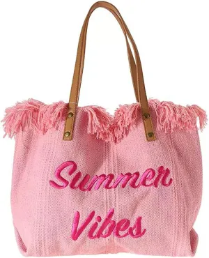 Women's Pink Tote Bag, Large Capacity Canvas, Beach Bag, Tassel Embroidery, Bohemian Style, Summer