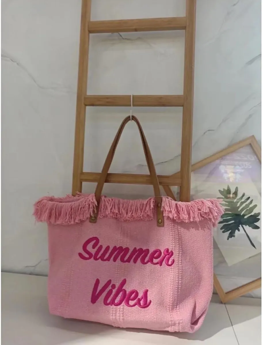 Women's Pink Tote Bag, Large Capacity Canvas, Beach Bag, Tassel Embroidery, Bohemian Style, Summer