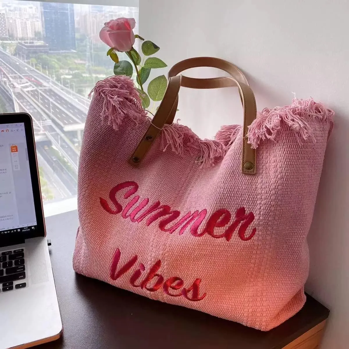 Women's Pink Tote Bag, Large Capacity Canvas, Beach Bag, Tassel Embroidery, Bohemian Style, Summer