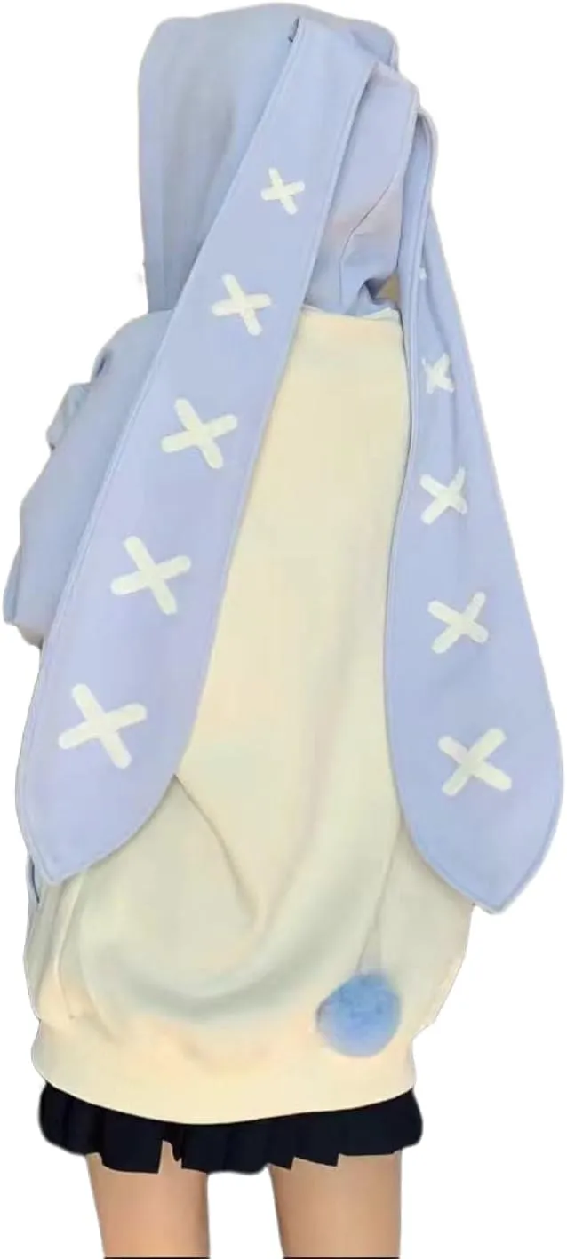 Women's Plus Size Kawaii Long Rabbit Ears Hooded Sweater Girl Sweet Y2K Hoodie Coat