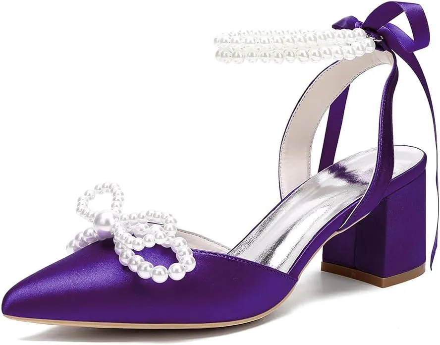 Women's Pointed Closed Toe Pearl Chunky Heels for Women Dressy Shoes Wedding Shoes for Bride Bridal Block Heels