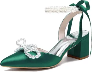 Women's Pointed Closed Toe Pearl Chunky Heels for Women Dressy Shoes Wedding Shoes for Bride Bridal Block Heels