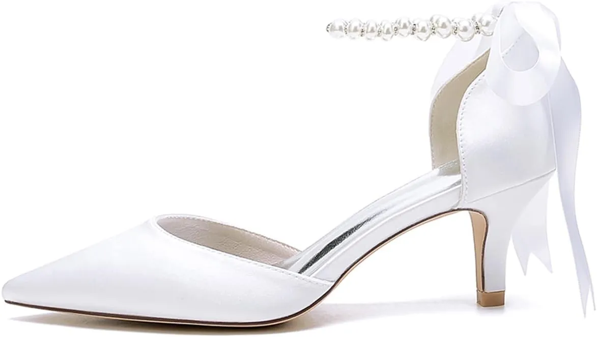 Women's Pointed Toe Kitten Heels Satin Bridal Pumps Ankle Strap Pearls Stilettos Wedding Prom Party Dress Shoes