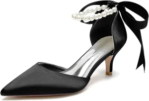 Women's Pointed Toe Kitten Heels Satin Bridal Pumps Ankle Strap Pearls Stilettos Wedding Prom Party Dress Shoes