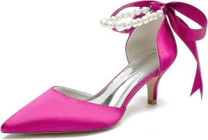 Women's Pointed Toe Kitten Heels Satin Bridal Pumps Ankle Strap Pearls Stilettos Wedding Prom Party Dress Shoes