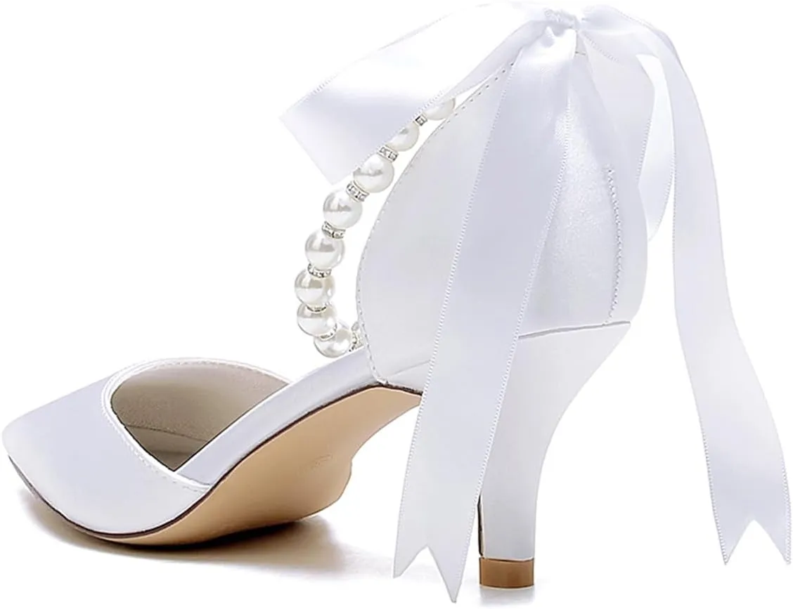 Women's Pointed Toe Kitten Heels Satin Bridal Pumps Ankle Strap Pearls Stilettos Wedding Prom Party Dress Shoes