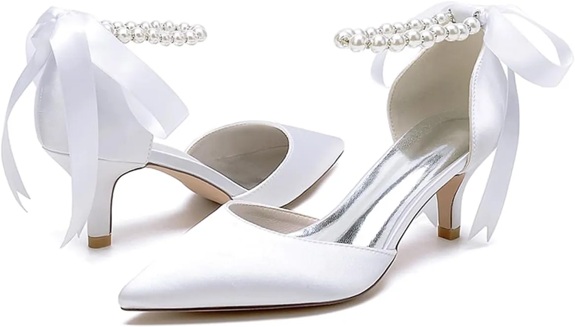 Women's Pointed Toe Kitten Heels Satin Bridal Pumps Ankle Strap Pearls Stilettos Wedding Prom Party Dress Shoes
