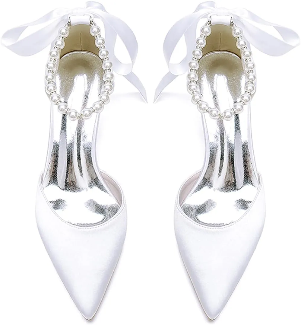 Women's Pointed Toe Kitten Heels Satin Bridal Pumps Ankle Strap Pearls Stilettos Wedding Prom Party Dress Shoes