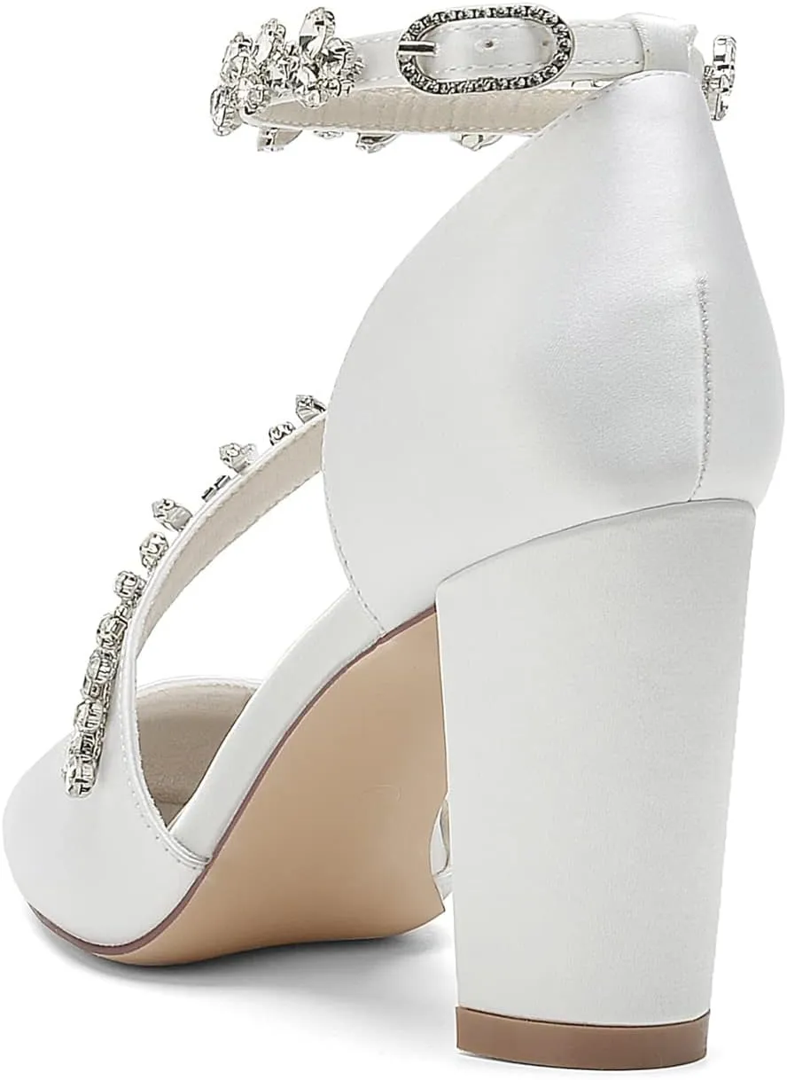 Women's Pointed Toe Satin Block Heels Wedding Shoes for Bride High Heels Rhinestones White Heels Ankle Strap Bridal Shoes Evening Party Dress Shoes Pumps 22014-102F