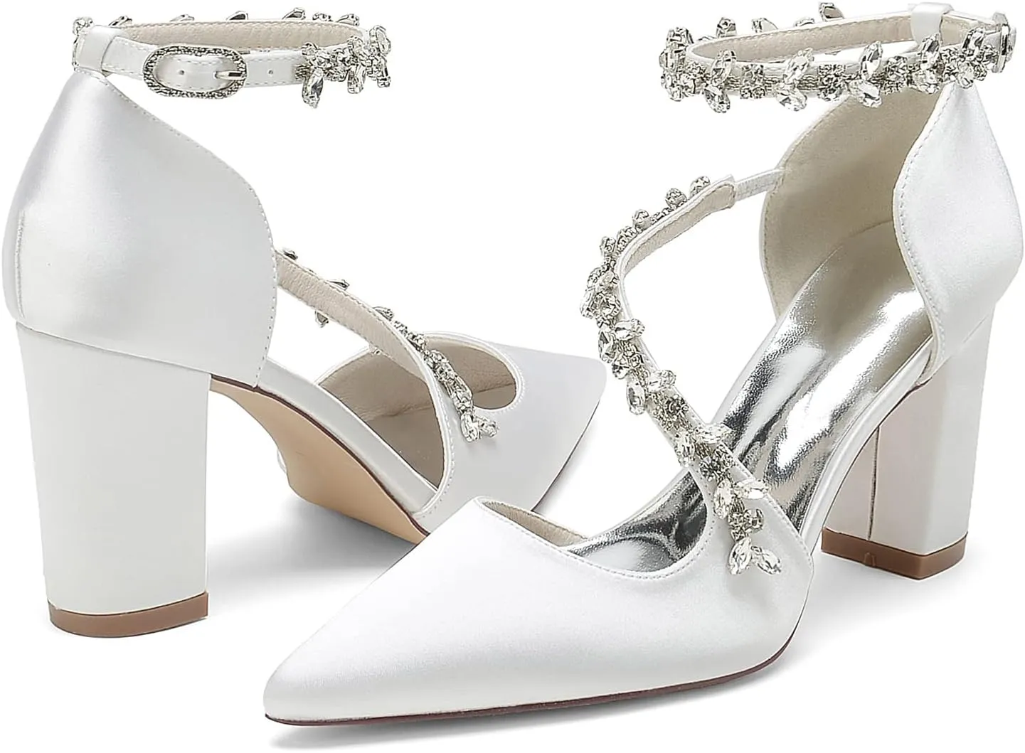Women's Pointed Toe Satin Block Heels Wedding Shoes for Bride High Heels Rhinestones White Heels Ankle Strap Bridal Shoes Evening Party Dress Shoes Pumps 22014-102F