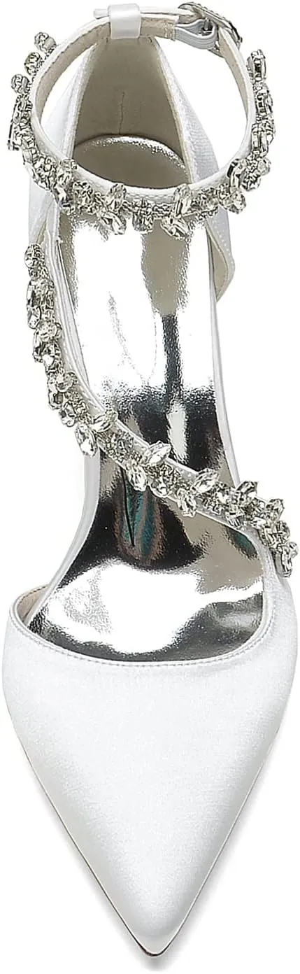 Women's Pointed Toe Satin Block Heels Wedding Shoes for Bride High Heels Rhinestones White Heels Ankle Strap Bridal Shoes Evening Party Dress Shoes Pumps 22014-102F