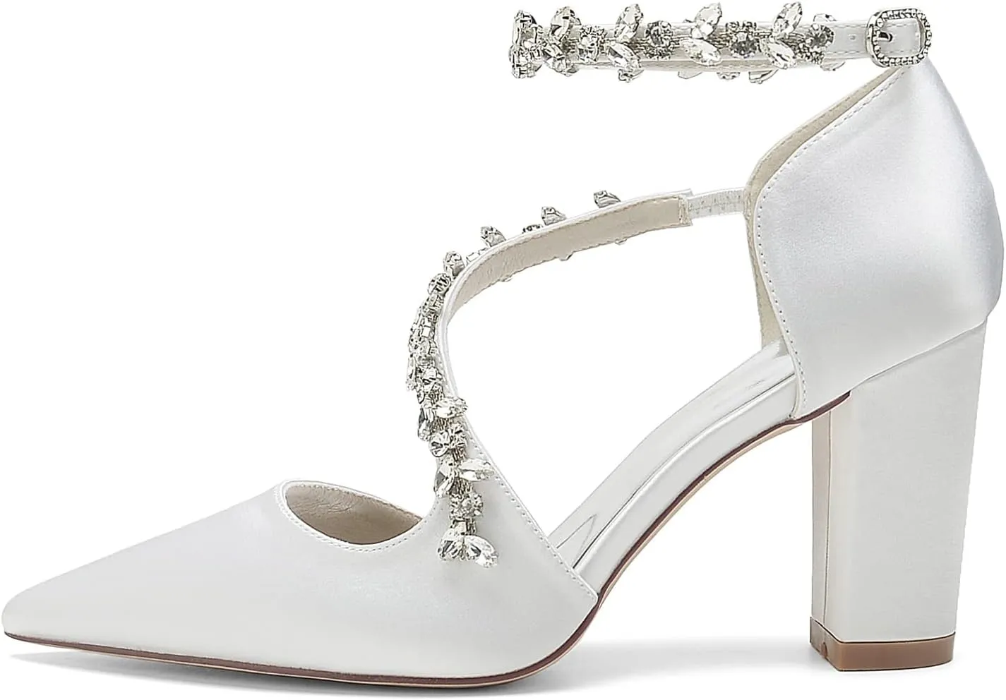 Women's Pointed Toe Satin Block Heels Wedding Shoes for Bride High Heels Rhinestones White Heels Ankle Strap Bridal Shoes Evening Party Dress Shoes Pumps 22014-102F