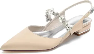 Women's Pointed Toe Satin Wedding Flats Bride Comfortable Rhinestones Bridal Evening Prom Party Pumps Shoes Dress, Champagne, 8