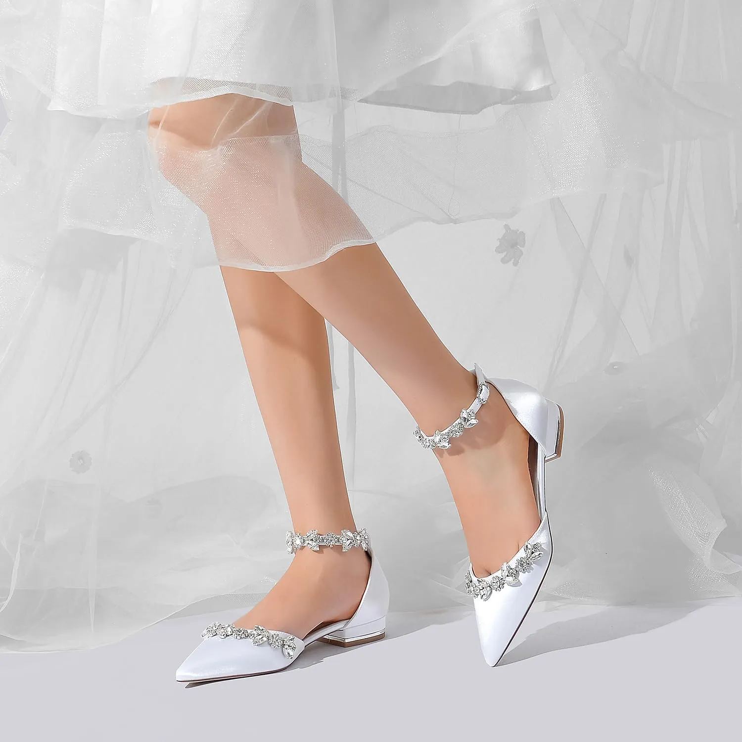 Women's Pointed Toe Satin Wedding Flats for Bride Comfortable Rhinestones Bridal Shoes Evening Prom Party Dress Shoes Pumps 18448-46M