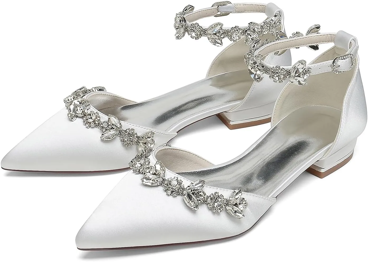Women's Pointed Toe Satin Wedding Flats for Bride Comfortable Rhinestones Bridal Shoes Evening Prom Party Dress Shoes Pumps 18448-46M