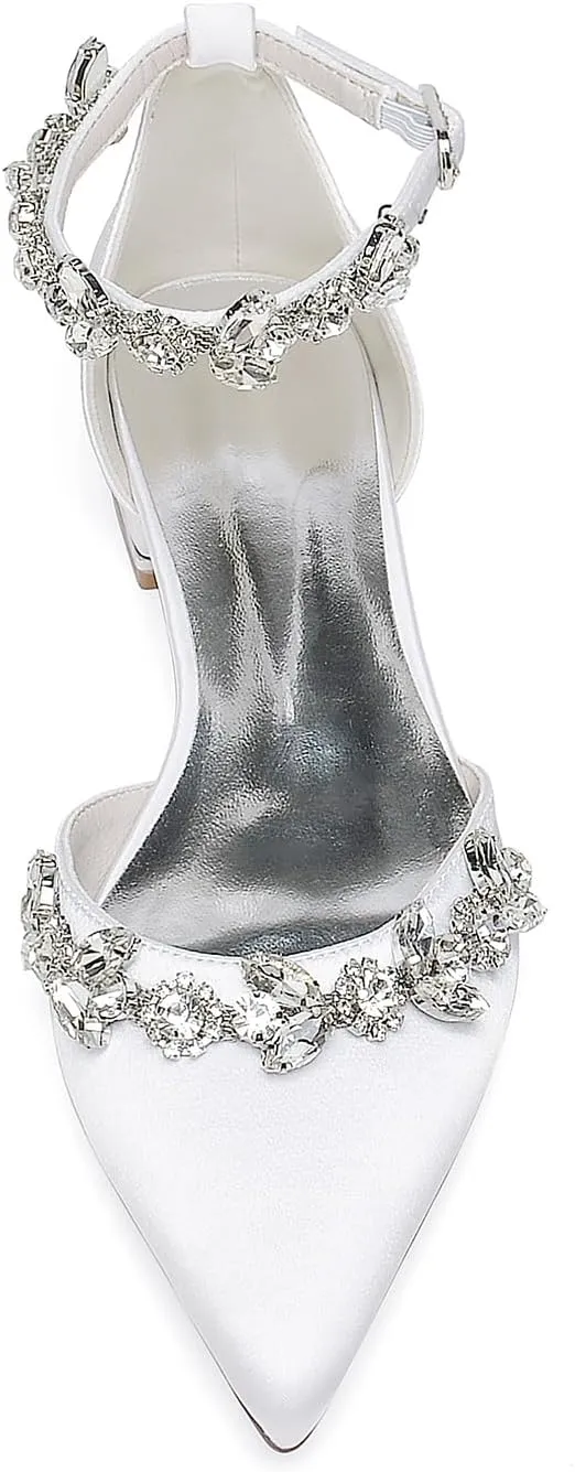 Women's Pointed Toe Satin Wedding Flats for Bride Comfortable Rhinestones Bridal Shoes Evening Prom Party Dress Shoes Pumps 18448-46M