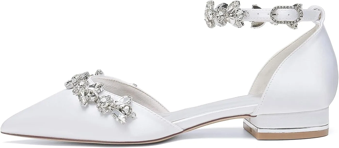 Women's Pointed Toe Satin Wedding Flats for Bride Comfortable Rhinestones Bridal Shoes Evening Prom Party Dress Shoes Pumps 18448-46M