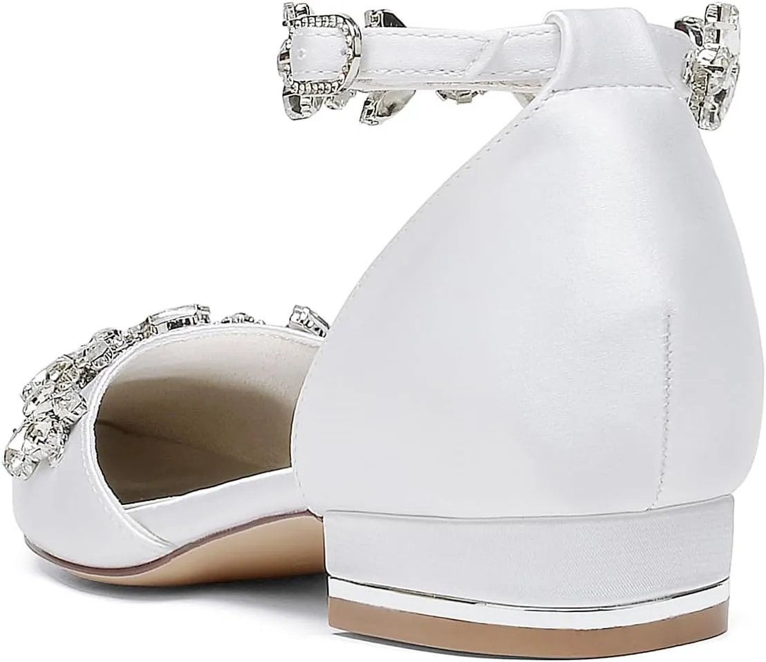 Women's Pointed Toe Satin Wedding Flats for Bride Comfortable Rhinestones Bridal Shoes Evening Prom Party Dress Shoes Pumps 18448-46M