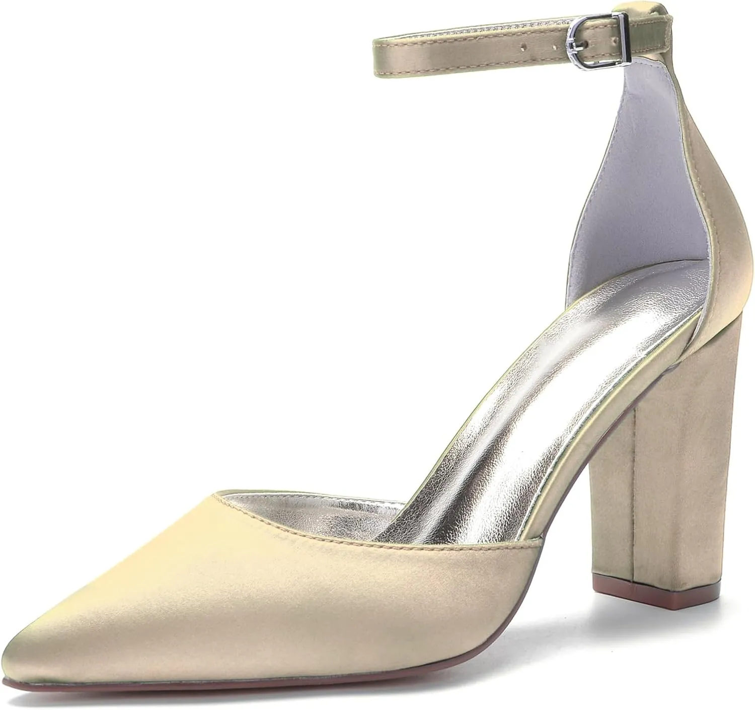 Women's Pointed Toe White Wedding Shoes for Bride High Heels Satin Bridal Shoes Ankle Strap Block Heels Prom Party Dress Pumps Shoes