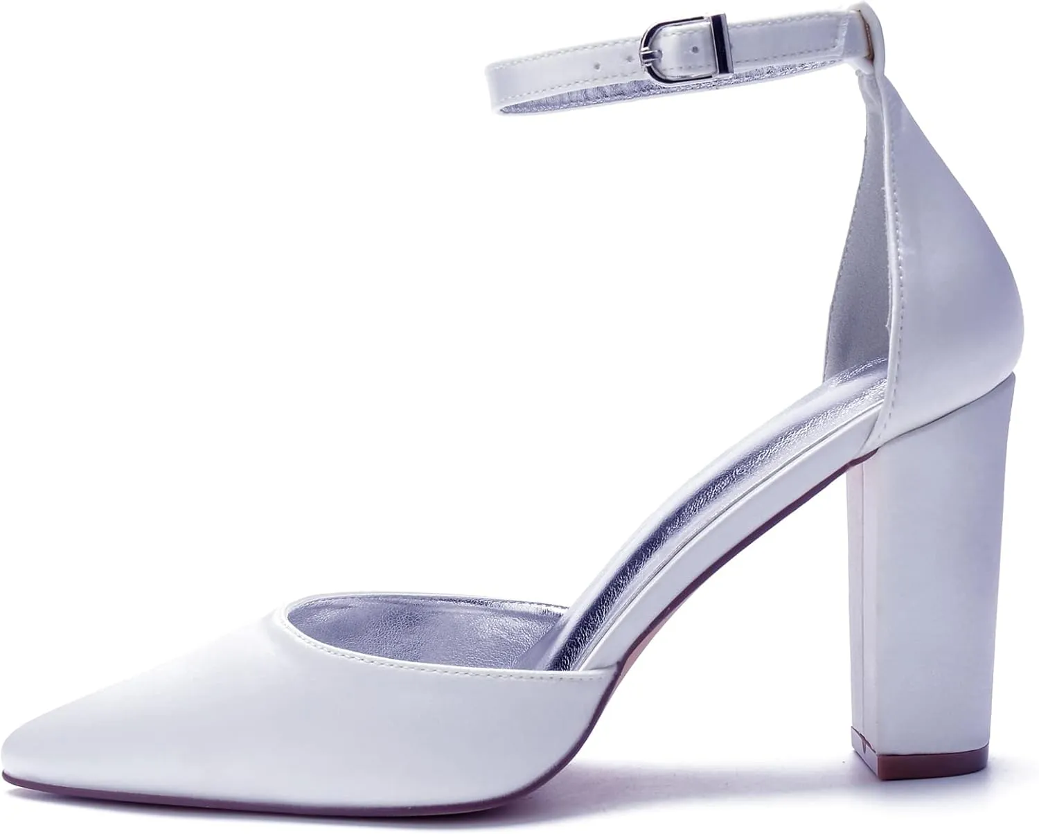 Women's Pointed Toe White Wedding Shoes for Bride High Heels Satin Bridal Shoes Ankle Strap Block Heels Prom Party Dress Pumps Shoes