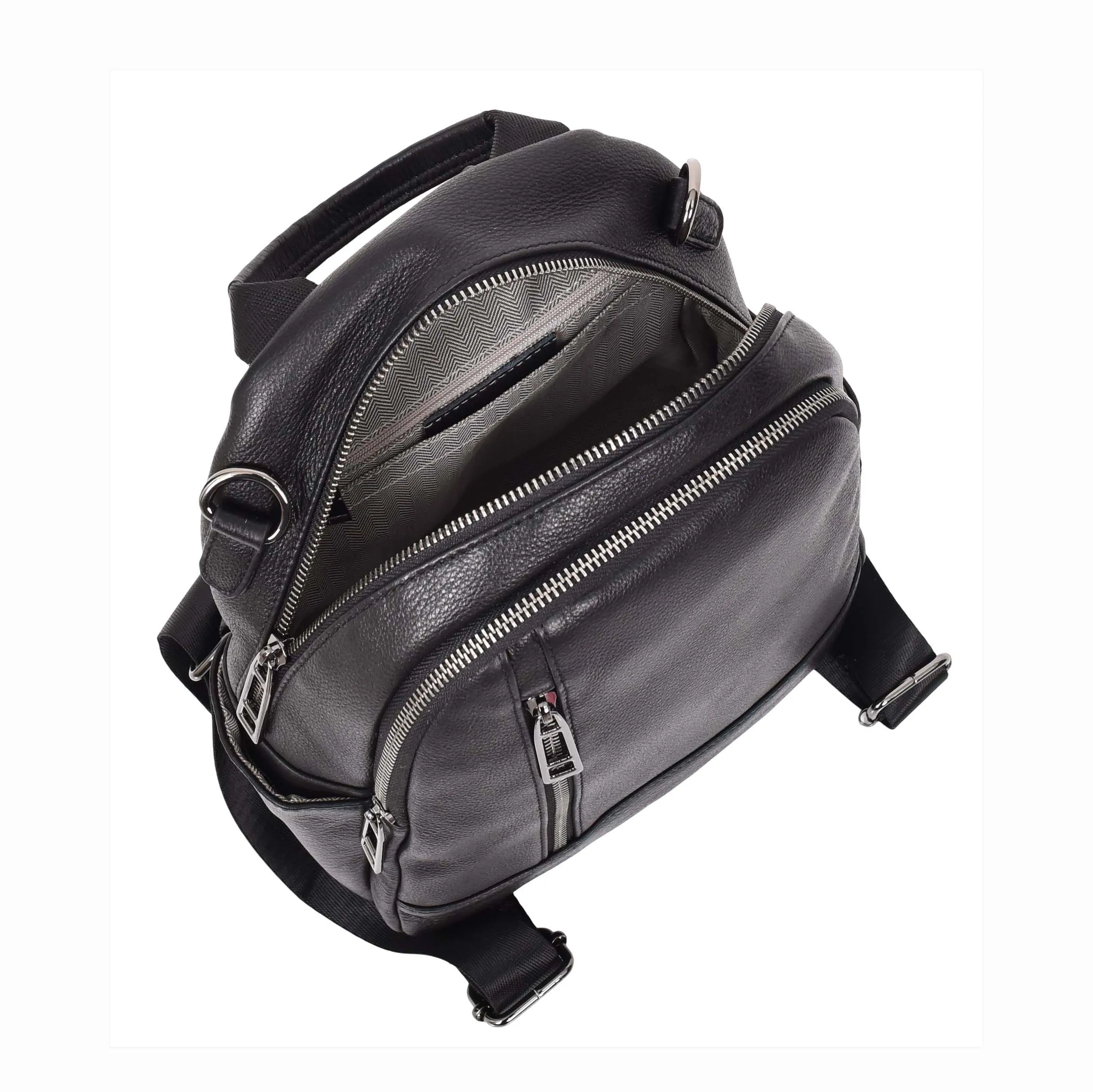 Womens Real Leather Backpack Multi-Zip Pockets Shoulder Bag Rucksack A665 Black