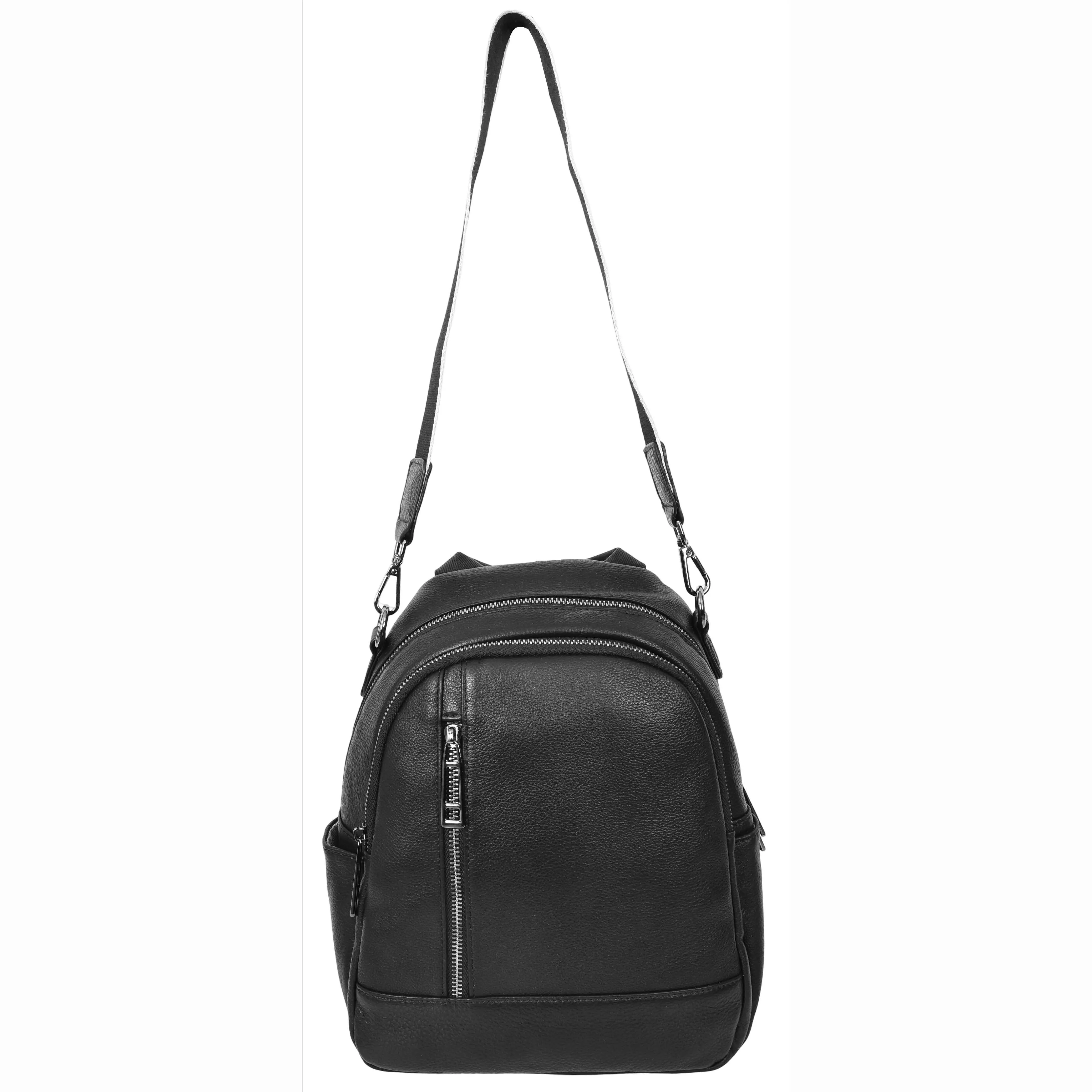 Womens Real Leather Backpack Multi-Zip Pockets Shoulder Bag Rucksack A665 Black