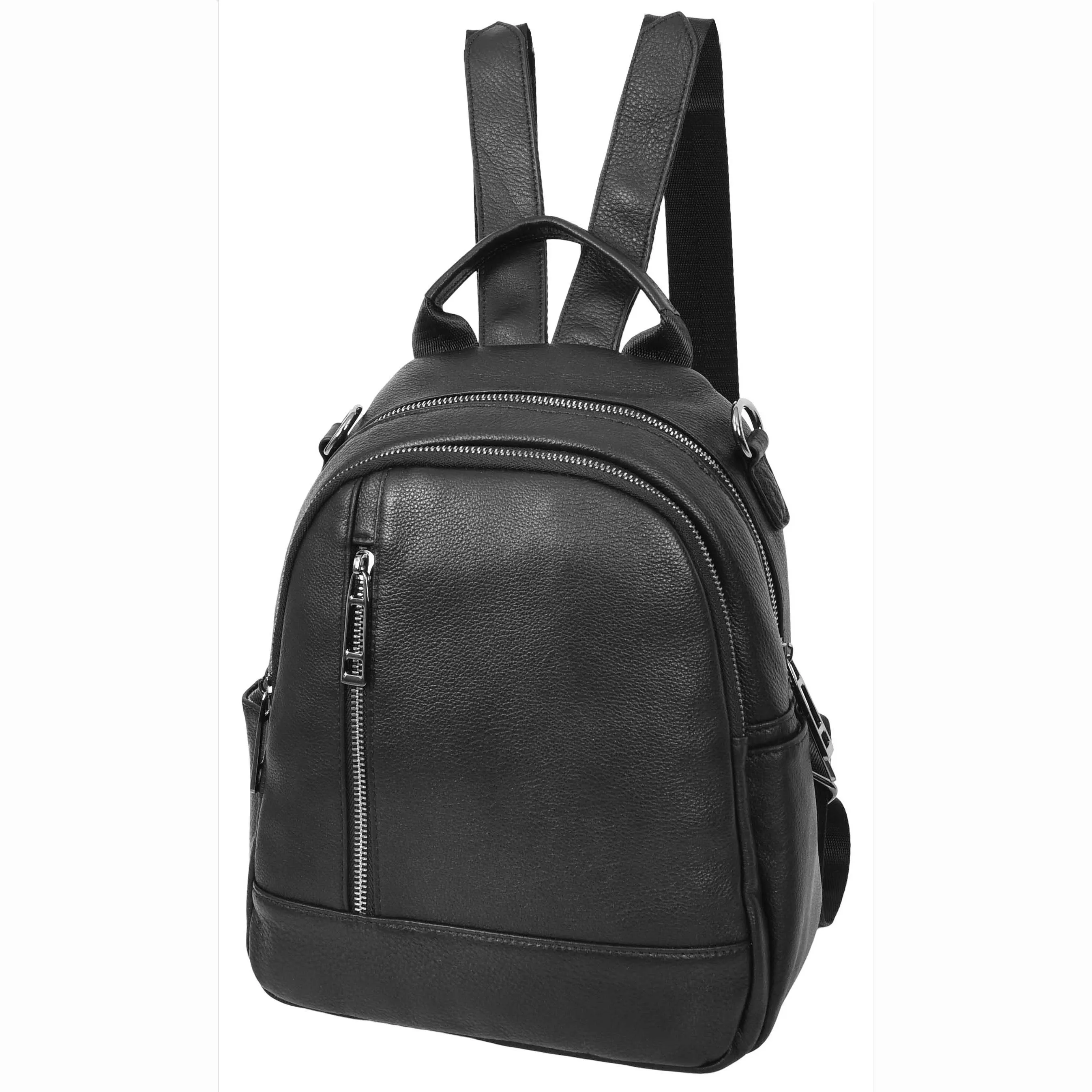 Womens Real Leather Backpack Multi-Zip Pockets Shoulder Bag Rucksack A665 Black