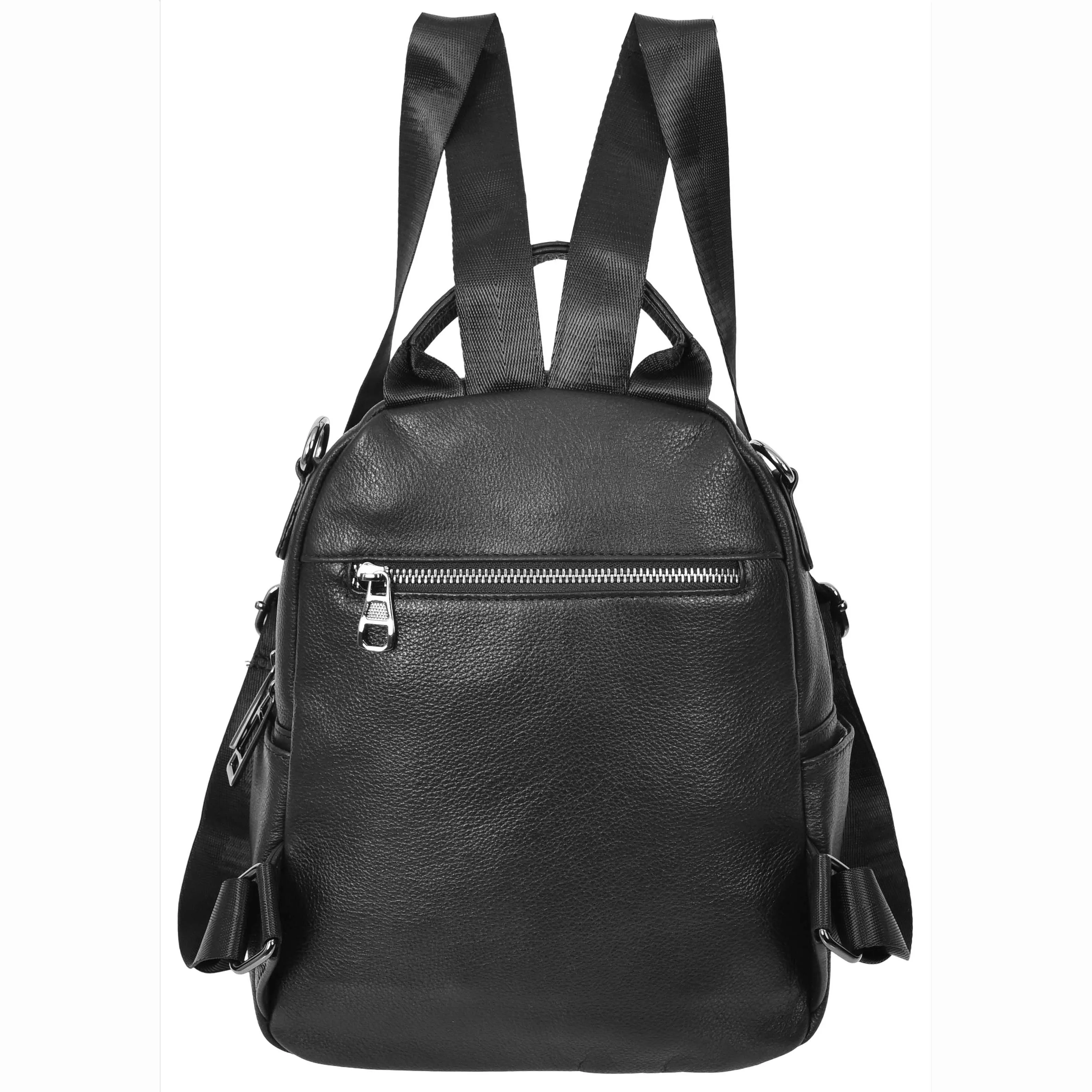 Womens Real Leather Backpack Multi-Zip Pockets Shoulder Bag Rucksack A665 Black