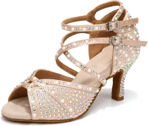 Women's Rhinestone Ballroom Dance Shoes Open Toe Latin Salsa Bachata Performance Dancing Shoes