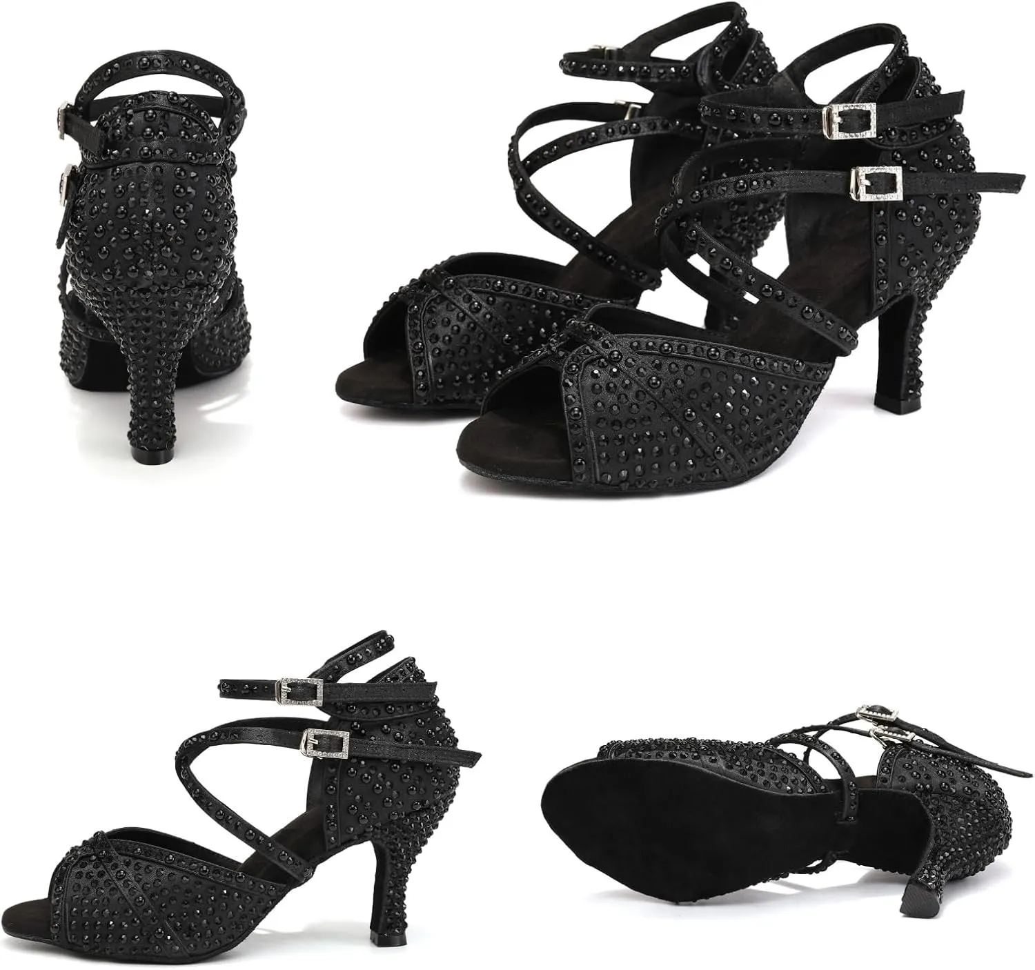 Women's Rhinestone Ballroom Dance Shoes Open Toe Latin Salsa Bachata Performance Dancing Shoes