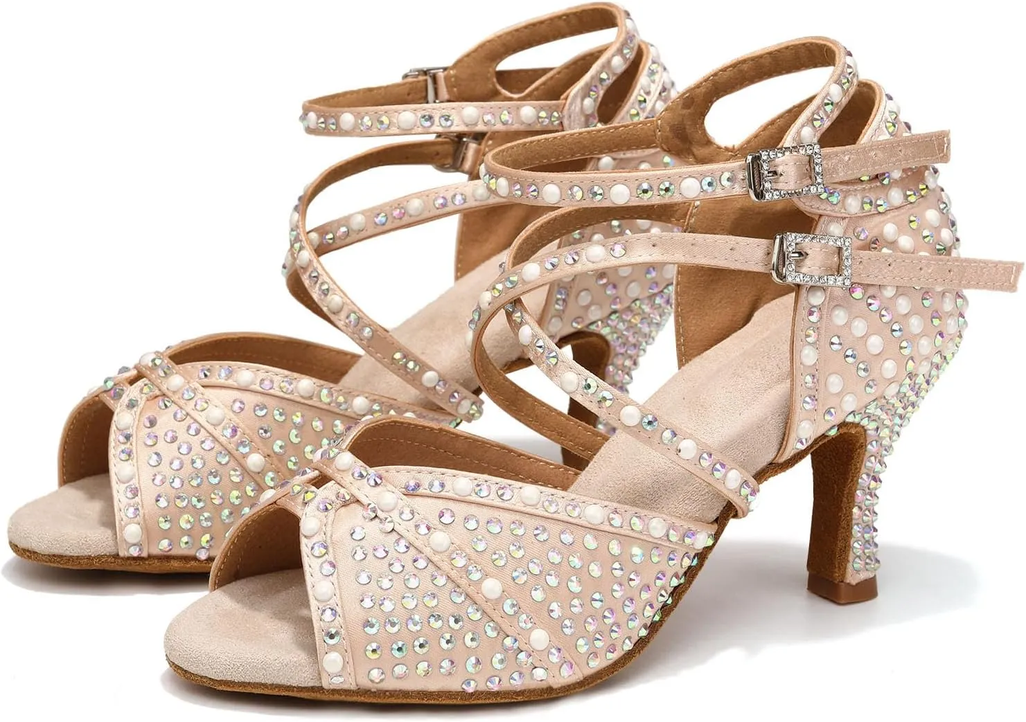 Women's Rhinestone Ballroom Dance Shoes Open Toe Latin Salsa Bachata Performance Dancing Shoes