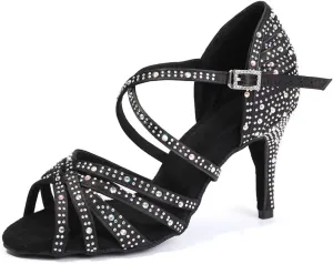 Womens Rhinestone Latin Dance Shoes Satin Open Toe Ballroom Salsa Tango Waltz Dancing Shoes,Model L377