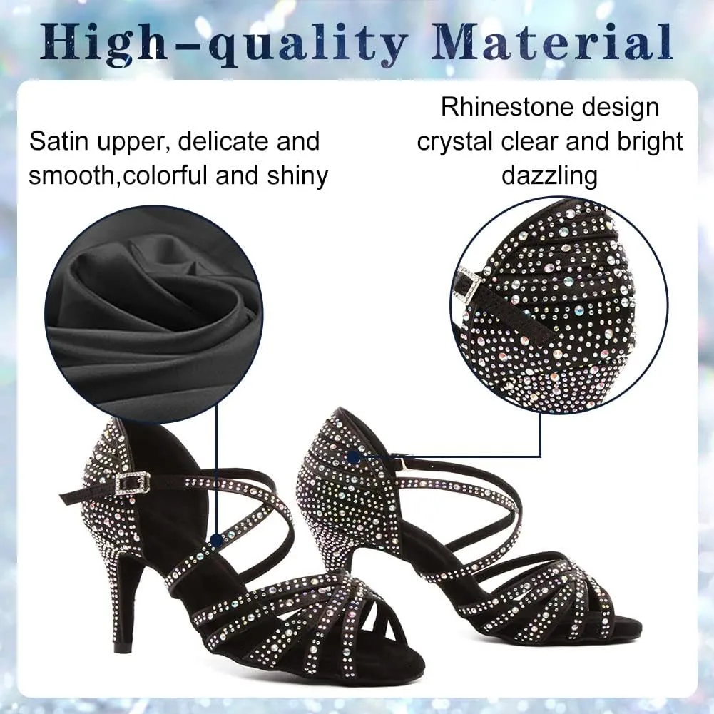 Womens Rhinestone Latin Dance Shoes Satin Open Toe Ballroom Salsa Tango Waltz Dancing Shoes,Model L377