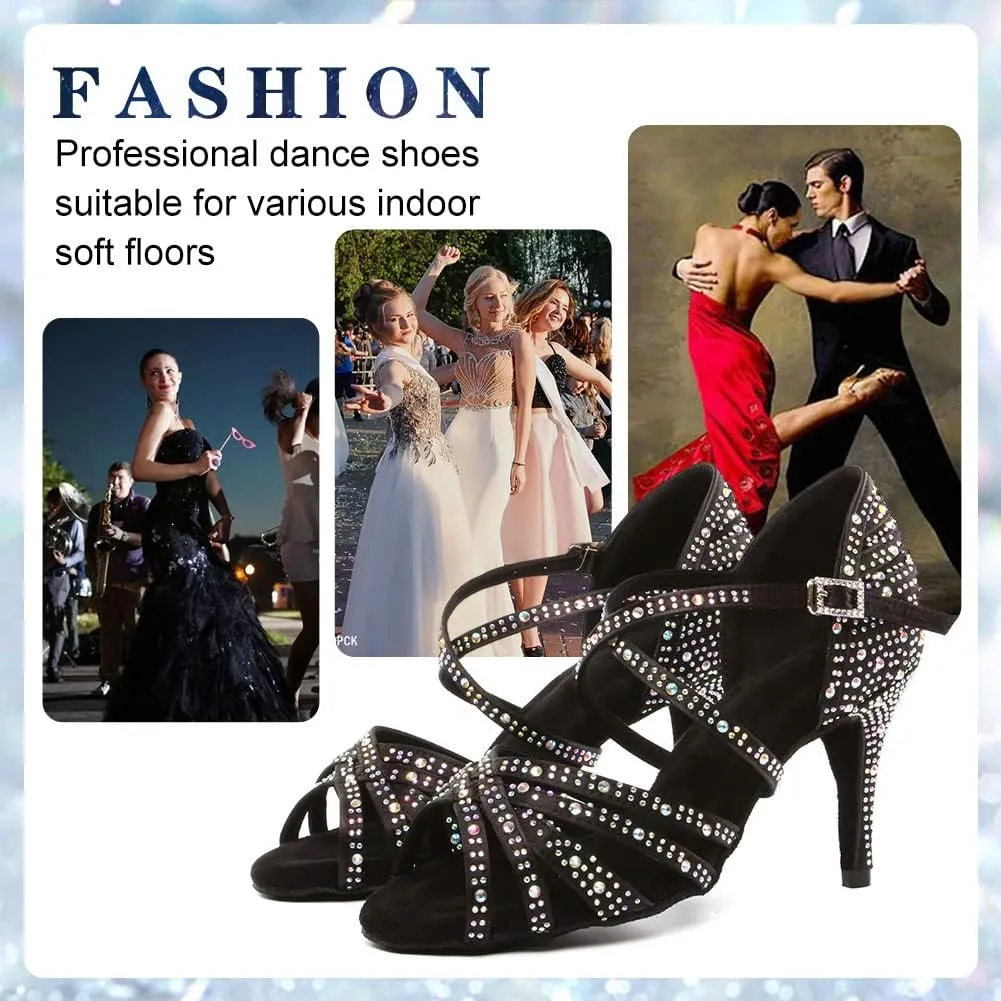 Womens Rhinestone Latin Dance Shoes Satin Open Toe Ballroom Salsa Tango Waltz Dancing Shoes,Model L377