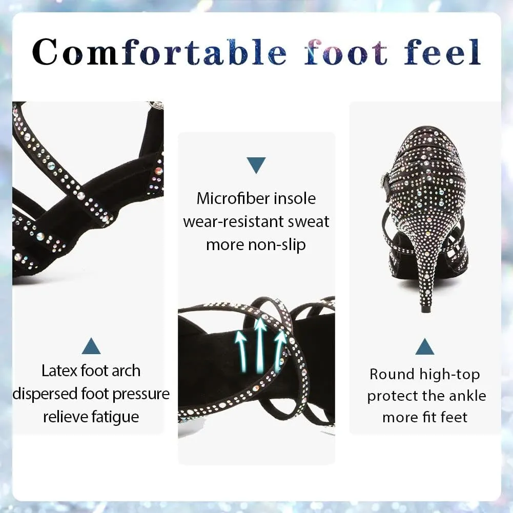 Womens Rhinestone Latin Dance Shoes Satin Open Toe Ballroom Salsa Tango Waltz Dancing Shoes,Model L377