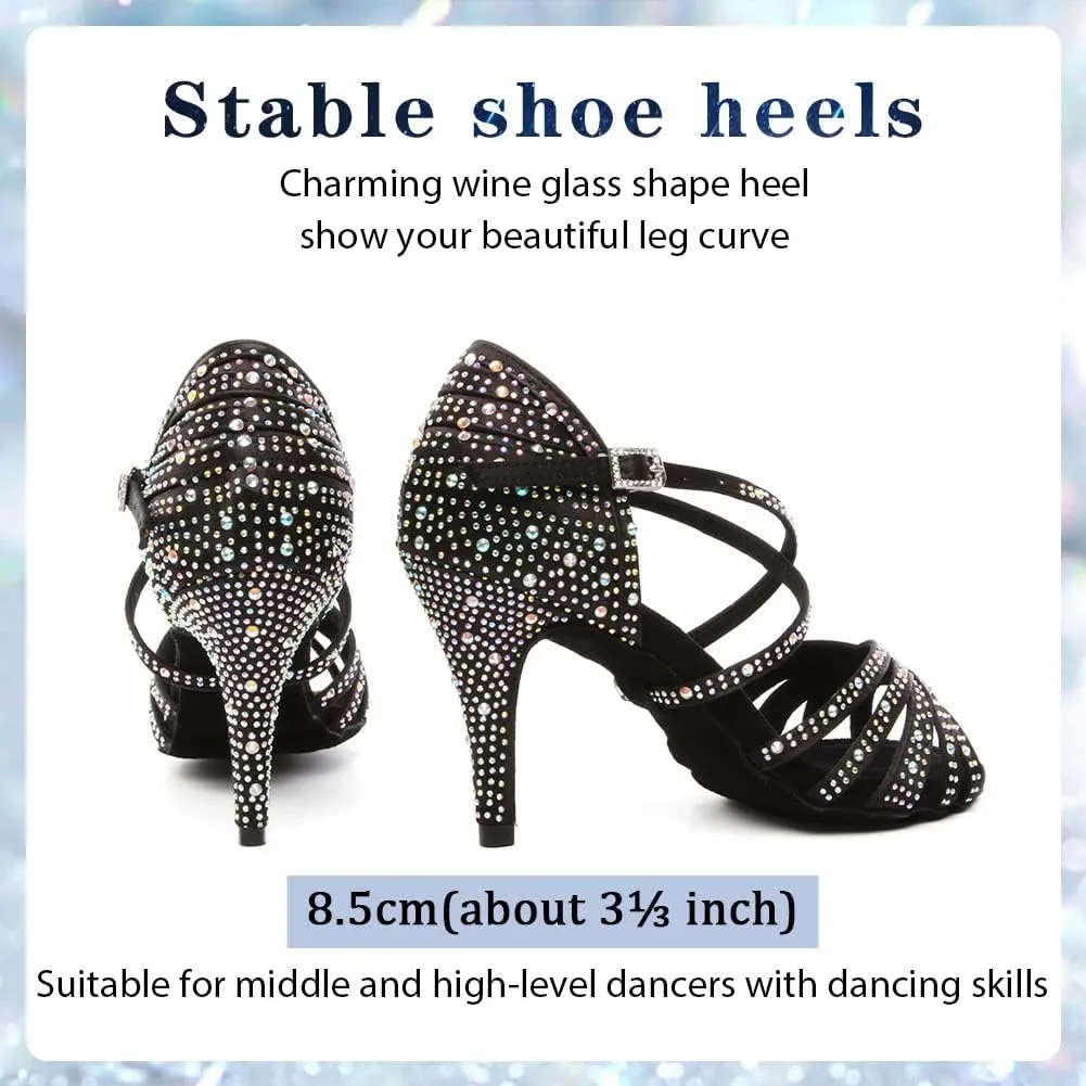 Womens Rhinestone Latin Dance Shoes Satin Open Toe Ballroom Salsa Tango Waltz Dancing Shoes,Model L377