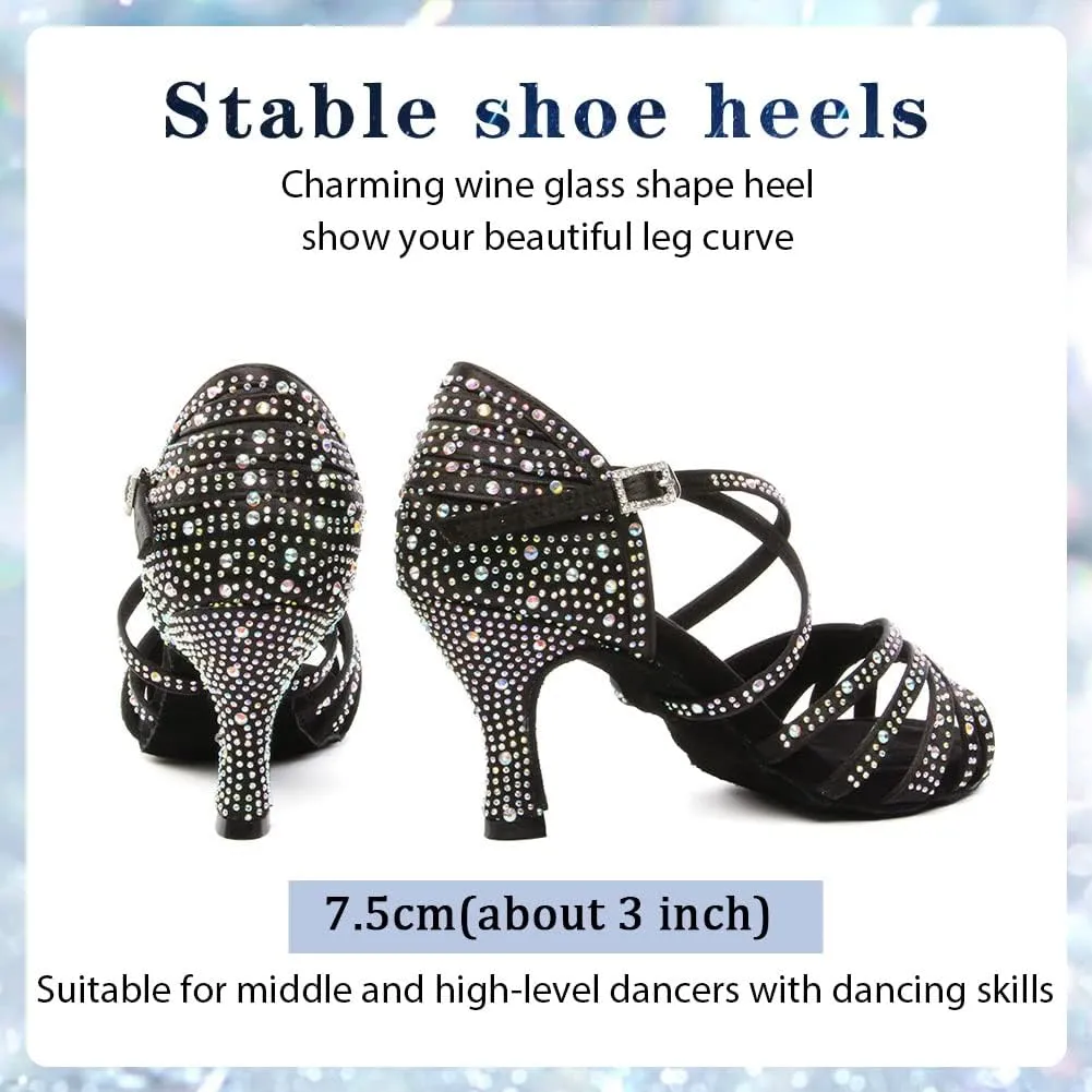 Womens Rhinestone Latin Dance Shoes Satin Open Toe Ballroom Salsa Tango Waltz Dancing Shoes,Model L377