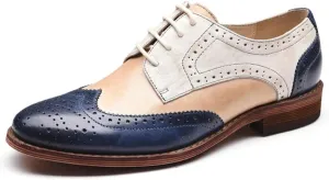Women's Round Toe Low Heel Block Leather Oxfords Shoes Classic Comfortable Lace-Up Patchwork Multicolor Perforated Wingtip Brogues Derby Saddle Pumps