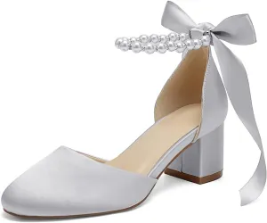 Women's Round Toe Satin Wedding Shoes Chunky Block Heels with Pearls Bridal Pumps Ankle Strap Prom Evening Party Shoes Sandal