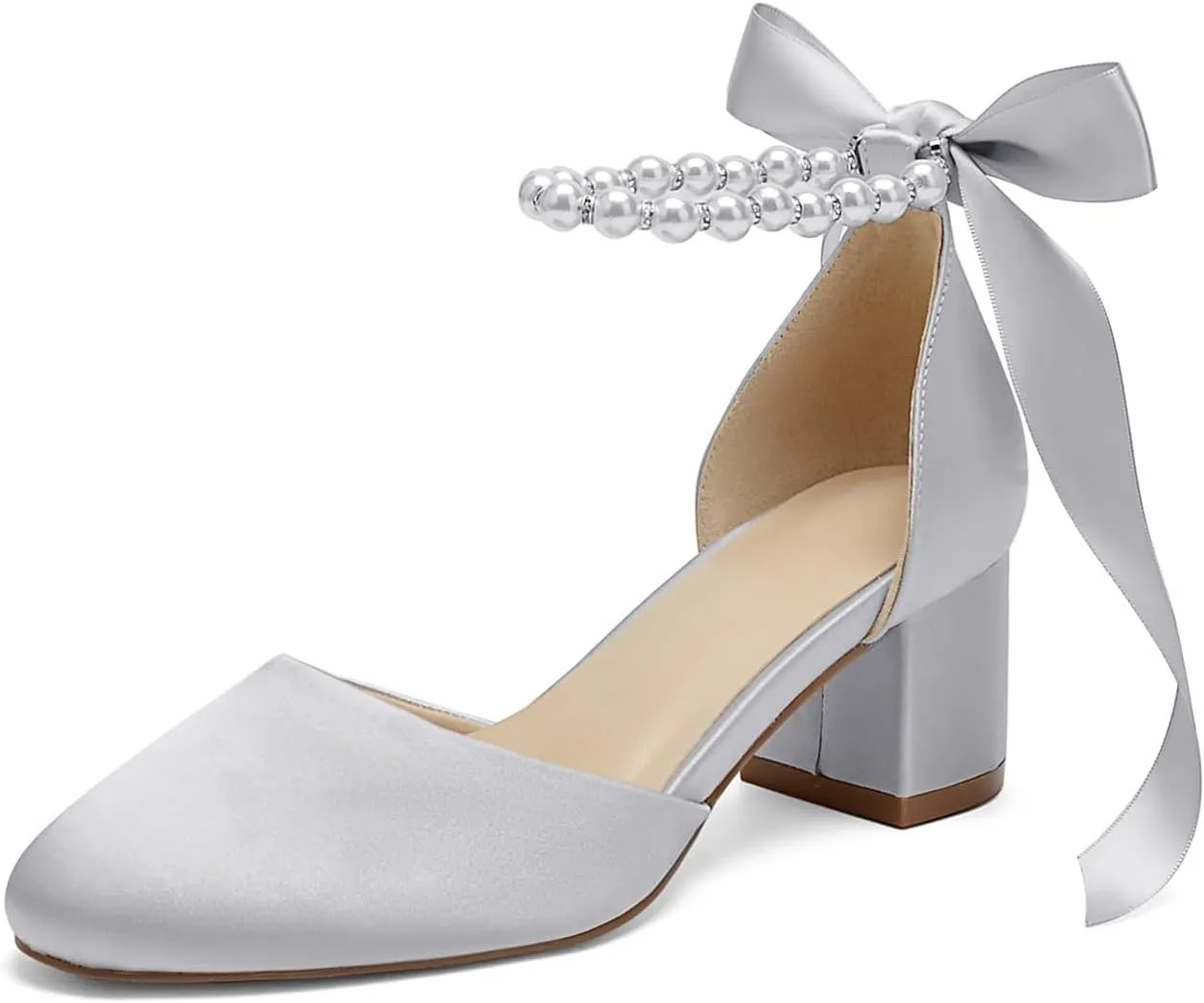 Women's Round Toe Satin Wedding Shoes Chunky Block Heels with Pearls Bridal Pumps Ankle Strap Prom Evening Party Shoes Sandal
