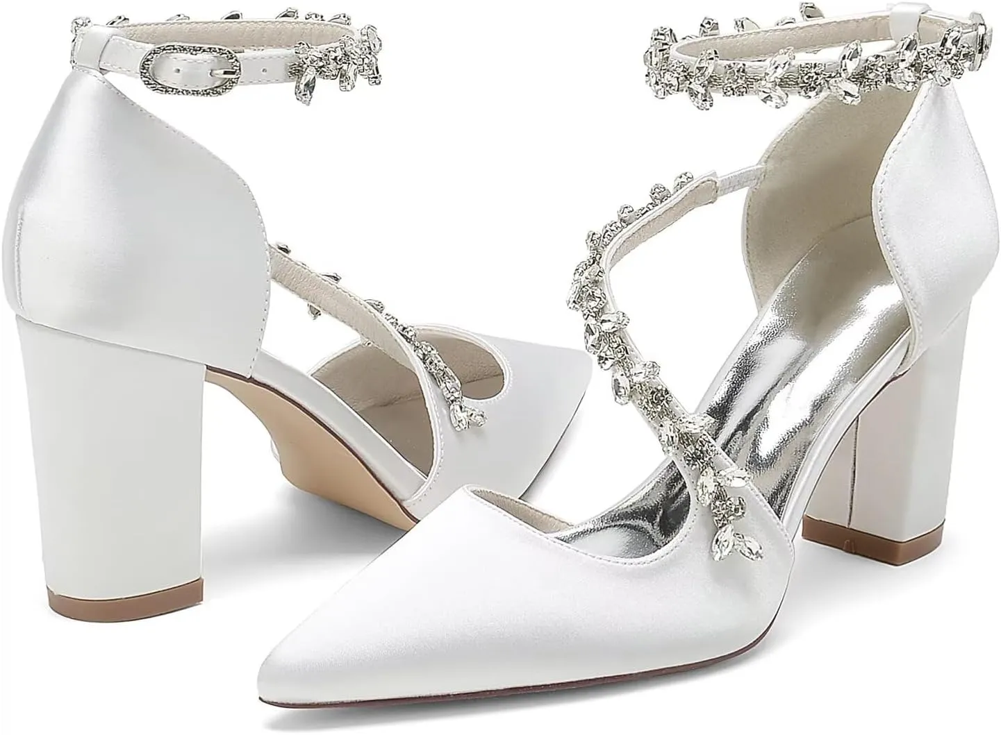 Women's Satin Bridal Pumps - Crystal Embellished Block Heel Wedding Shoes, 3 Inch Chunky Heels with Closed Pointed Toe for Bride, Prom & Cocktail Parties