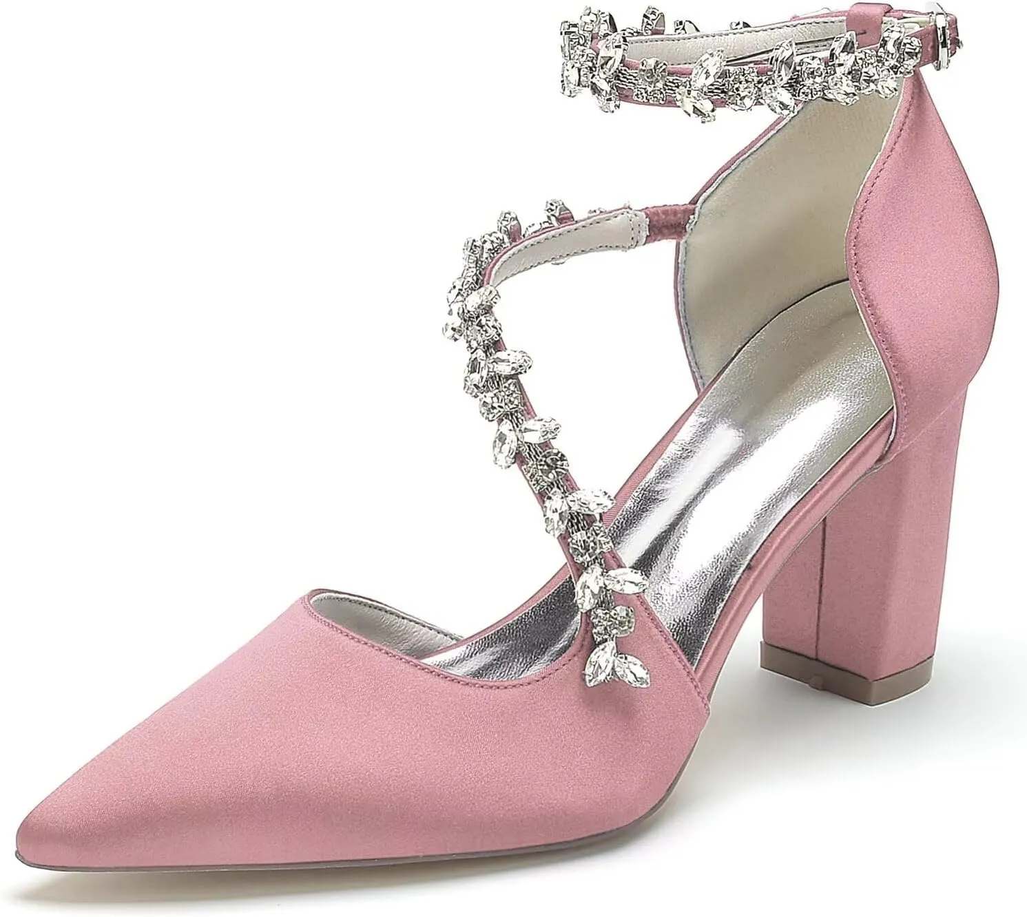 Women's Satin Bridal Pumps - Crystal Embellished Block Heel Wedding Shoes, 3 Inch Chunky Heels with Closed Pointed Toe for Bride, Prom & Cocktail Parties