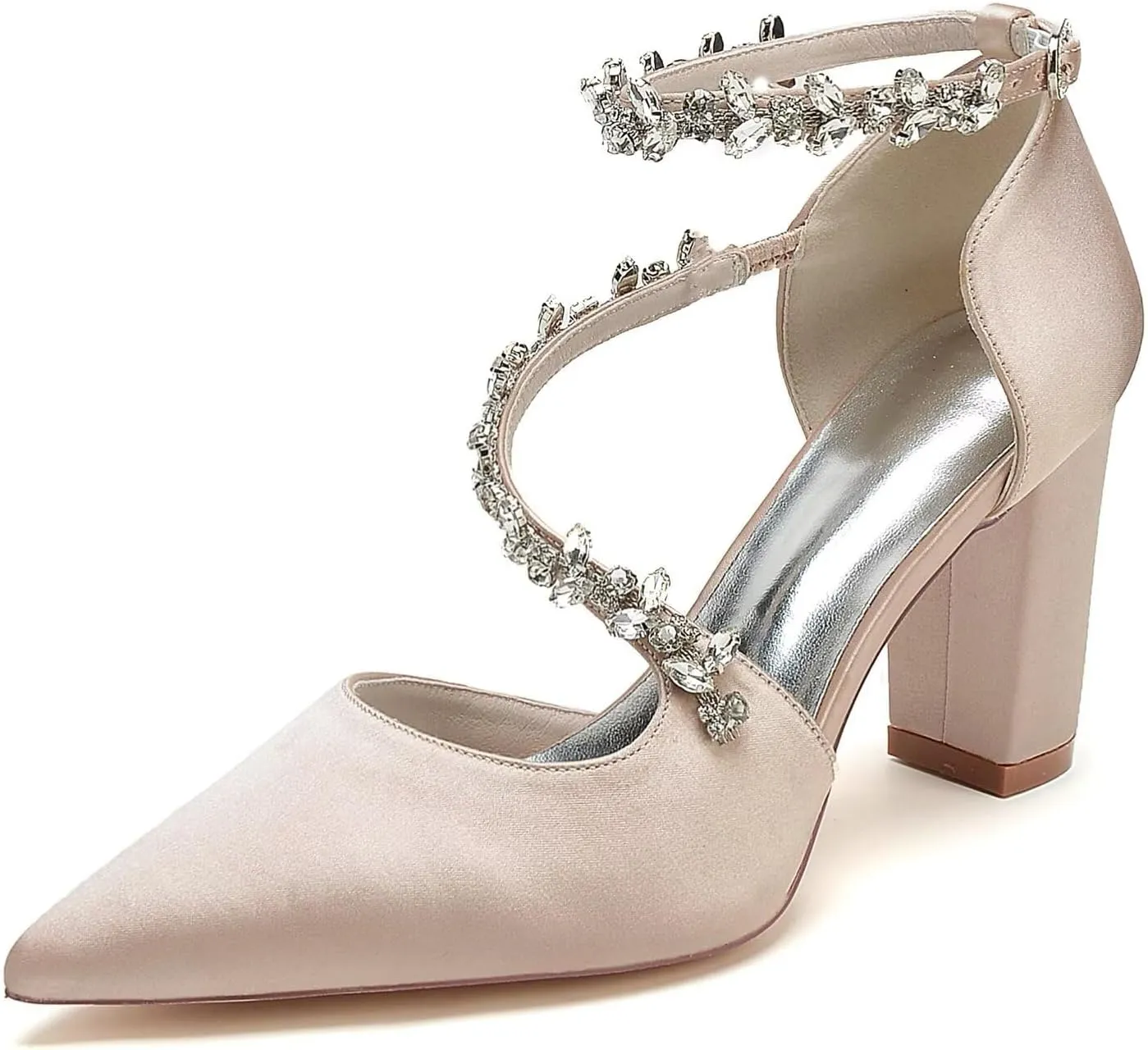Women's Satin Bridal Pumps - Crystal Embellished Block Heel Wedding Shoes, 3 Inch Chunky Heels with Closed Pointed Toe for Bride, Prom & Cocktail Parties