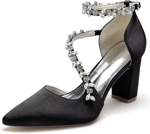Women's Satin Bridal Pumps - Crystal Embellished Block Heel Wedding Shoes, 3 Inch Chunky Heels with Closed Pointed Toe for Bride, Prom & Cocktail Parties