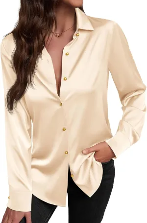 Women's Satin Button Down Shirts V-Neck Long Sleeve Tops Summer Business Office Silk Blouses Fashion Spring Shirt 2025