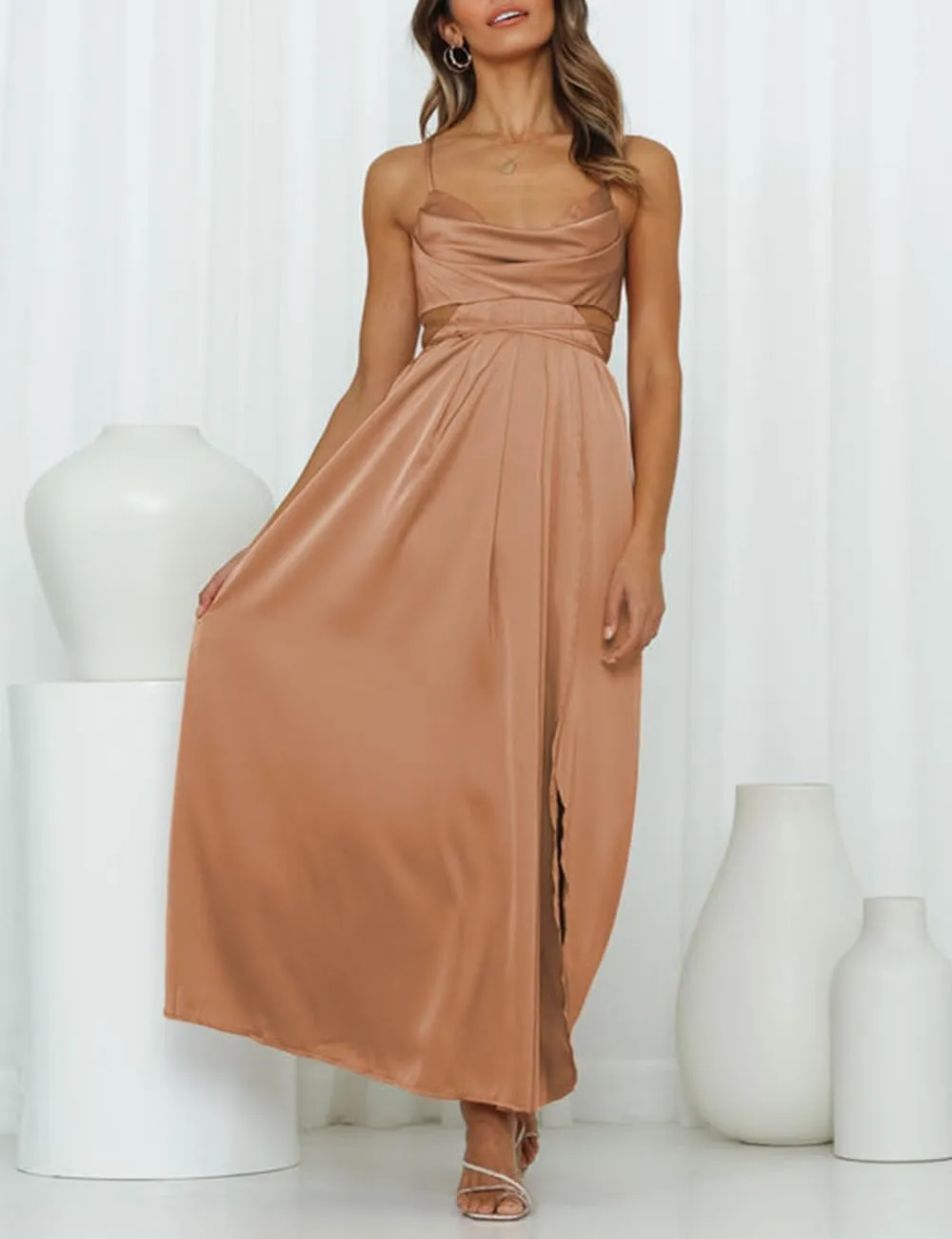 Women's Satin Cowl Neck Backless Maxi Dress Sexy Tie Back Spaghetti Strap Ruched Wedding Guest Slit Long Dresses