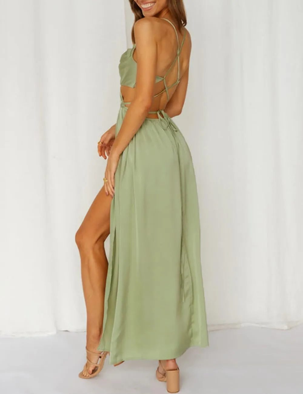 Women's Satin Cowl Neck Backless Maxi Dress Sexy Tie Back Spaghetti Strap Ruched Wedding Guest Slit Long Dresses