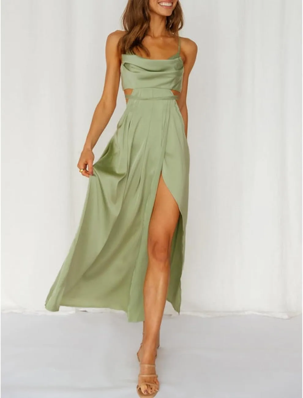 Women's Satin Cowl Neck Backless Maxi Dress Sexy Tie Back Spaghetti Strap Ruched Wedding Guest Slit Long Dresses