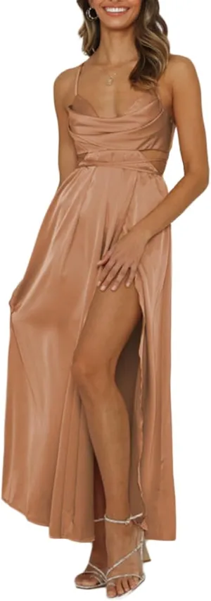 Women's Satin Cowl Neck Backless Maxi Dress Sexy Tie Back Spaghetti Strap Ruched Wedding Guest Slit Long Dresses